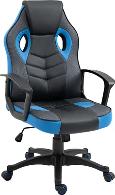 Produktbild von Vinsetto Ergonomischer Gaming-Stuhl, Drehbarer Bürostuhl mit Rollen aus schwarzem und blauem Kunstleder, höhenverstellbar