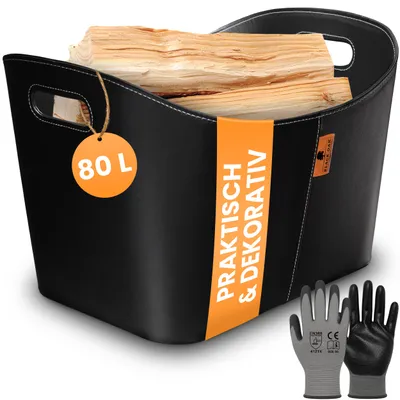 Produktbild von BLACK OAK DAKOTA XL Holzkorb 80L Schwarz mit Kunstledergriffen 45kg Tragkraft