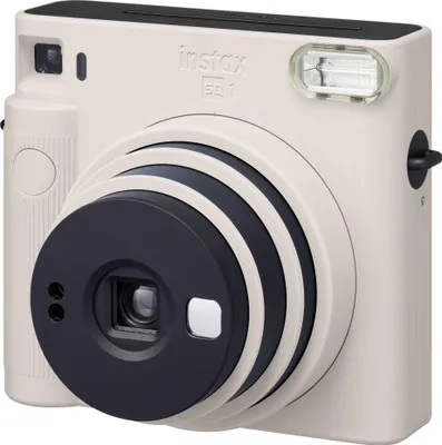 A close-up studio shot of a Fujifilm instax SQUARE SQ 1 chalk white instant camera.