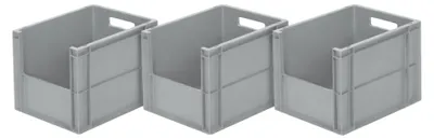 Productafbeelding van Kunststof stapelbak, Set van 3, Stapelkrat met grijpopening 395x295x290 mm Grijs