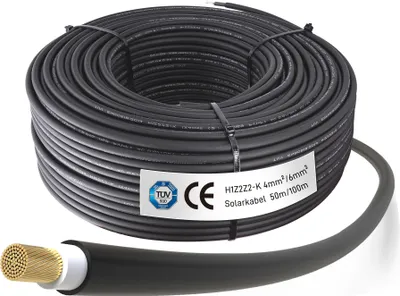 Produktbild von Solarkabel Verlängerung 6mm² Schwarz - 100m, H1Z2Z2-K Solarmodul PV Kabel, Photovoltaik Solarkabel, Solar Anschlusskabel für Solarpanel, UV-beständig, flexibel, hohe Leistung