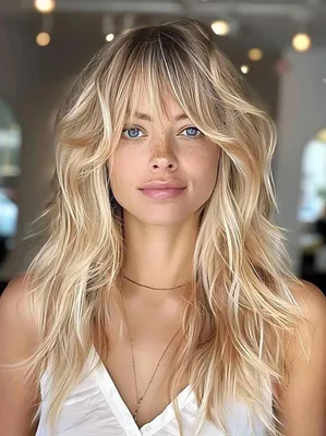 Immagine prodotto di Parrucca media, lunga, ondulata, bionda con frangia - Capelli sintetici per cosplay
