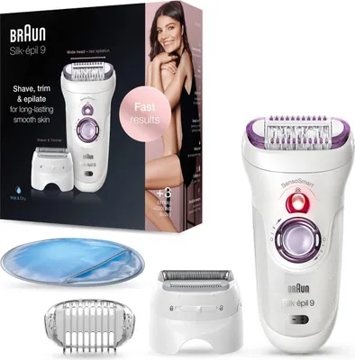 Zdjęcie produktu dla Braun Silk-épil 9 81706314, Biały, Fioletowy, 40 pęset(y), Bikini, Przednia część ud, Wewnętrzna część ramion, Zewnętrzna część ramion, Golenie, LED, Bateria
