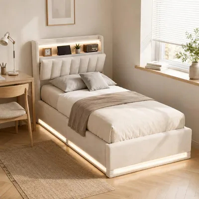 Produktbild von ProximaX Einzelbett 90x200 cm Samt Beige mit RGB LED, USB & Stauraum Kopfteil