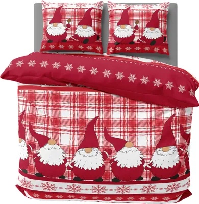 A Christmas-themed duvet cover and pillow set with gnomes and snowflakes.