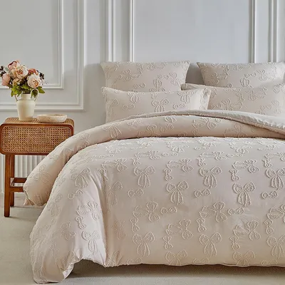 Productafbeelding van Bettenset 135x200 cm met kussensloop 80x80 cm, beige, met strikpatroon, microvezel