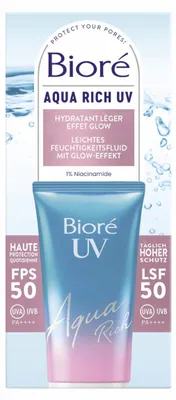 Zdjęcie produktu dla Bioré Aqua Rich UV, lekki fluid nawilżający z efektem rozświetlenia, ochrona przeciwsłoneczna SPF50, 50 ml