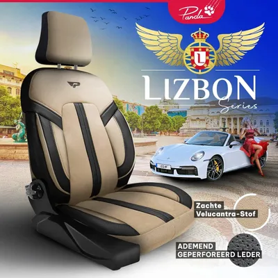 Productafbeelding van Stoelhoevers Lisbon SerieBeige, zwart – Alcantara-stof – universele autostoelhoevers – perfecte pasvorm voor meer dan 3000 voertuigmodellen – set voor voorstoelen.Uitvoering: Set voor voorstoelen,Kleur: Beige, zwart
