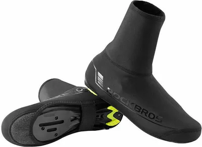 A pair of black cycling shoe covers on a white background.