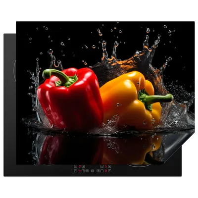 Obrázok produktu pre KitchenYeah® Kryt varnej dosky paprika - voda - čierna - zelenina - červená - žltá, 65x52cm, kuchynská dekorácia, keramický kryt varnej dosky, krycia doska na varnú dosku