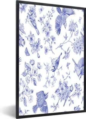 Produktbild von MuchoWow® MuchoWow® Gerahmtes Poster Blumen - Vögel - Blau 60x90 cm - Poster mit zchwarzem Bilderrahmen - Kunst