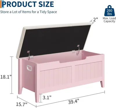 Produktbild von Sitzbank mit Stauraum und Kissen - 100 cm Flurbank mit Klappdeckel - Sicherheits-Scharniere - Holztruhe - Gepolsterte Sitzfläche - Rosa
