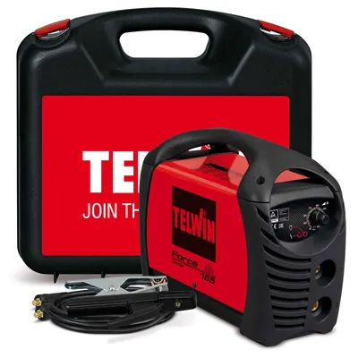 Immagine prodotto di Saldatrice ad elettrodo MMA Telwin Force 165 con tecnologia inverter, set comprensivo di valigetta di trasporto, set di collegamento, cavo di terra, martello per scorie