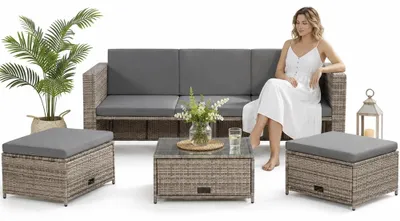 Image de Mucola meubles de jardin 6pcs salon de jardin ensemble de jardin ottomane polyrattan noir set ensemble de salle à manger balcon - gris