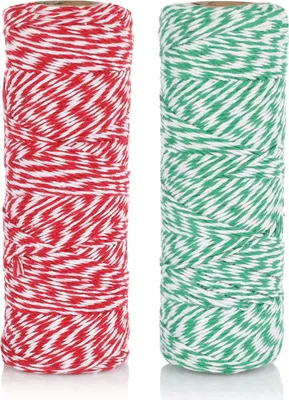 Produktbild von Nordstern Baumwolle Bindegarn 2er Set + 20 Anhänger, Küchengarn, Geschenkband, Bastelschnur, Dekokordel für Geschenke DIY - Rot/Weiß + Grün/Weiß 200 m