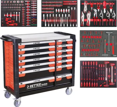 Produktbild von RETTER RS3 Werkstattwagen Werkzeugwagen 14 Schubladen mit Edelstahlplatte – 1020 x 460 x 1020 mm, Schwerlastrollen und Zentralverriegelung