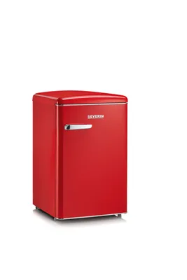 A red retro-style mini-fridge is shown from the front with a white background.