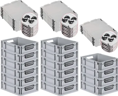 Produktbild von SuperSparSet 16x Eurobox NextGen Color mit Auflagedeckel und Schiebeschnappverschlüsse | HxBxT 12x30x40cm | 11 Liter | Grau | Griffe schwarz offen | Glatter Boden | Eurobehälter, Transportbox, Transportbehälter, Stapelbehälter