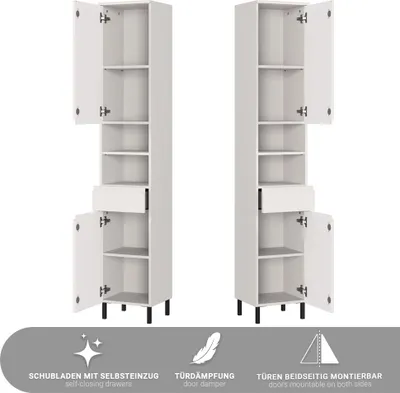 Produktbild von Badezimmer-Hochschrank 34 cm breit in kaschmir matt, 2 Türen, 1 Schublade - SALO-01