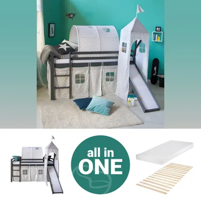 Produktbild von Homestyle4u Kinder Hochbett 90x200 mit Matratze Lattenrost Rutsche Turm