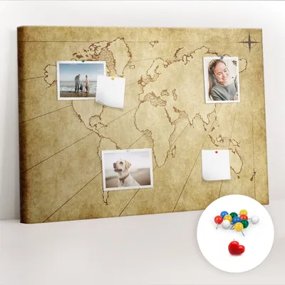 Imagen del producto de Tablero de corcho con chinchetas – Tablero con chinchetas para fotografías y notas – 100x70 cm – 100 chinchetas de colores – Mapa del mundo antiguo