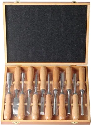 Produktbild von Holzschneidset, 12-teilig, Holzbox, CRV-Schneiden, für Löffel, Tassen, Becher und Holzarbeiten.