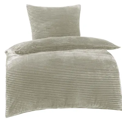 A beige corduroy duvet cover and pillowcase set is displayed against a white background.