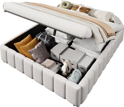 Image de Lit rembourré, 140 x 200cm, support hydraulique, sans tête de lit, sans matelas, Beige