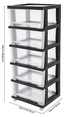 Image de Rangement sur roulettes transparent à 5 tiroirs - Armoire à tiroirs - Mobile - Empilable - Pour documents A4 et livres - Plastique PP - Noir