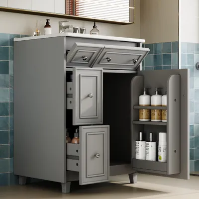 Produktbild von Flieks freistehender Waschtisch mit integriertes Keramikbecken, Badezimmerschrank, WC-Waschtischschrank 61x47x87cm, Grau