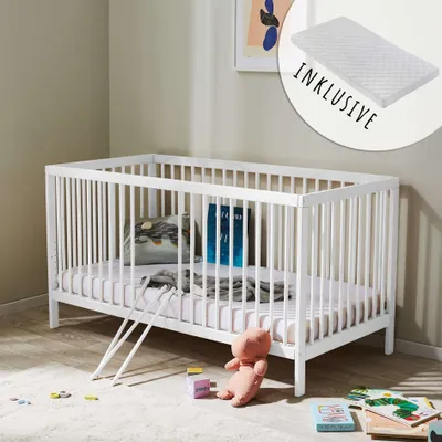 Produktbild von Babybett Kinderbett Gitterbett höhenverstellbar & herausnehmbare Sprossen Buchenholz sehr stabil weiss mit Matratze 60x120 cm von Geburt bis 3. Leb