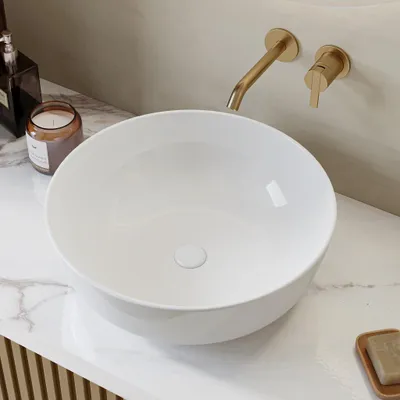 Produktbild von HOROW Aufsatzwaschbecken Rund Waschbecken 41.5 cm Glänzend Waschtisch weiß Handwaschbecken für Badezimmer Gäste-WC - ultradünner Rand