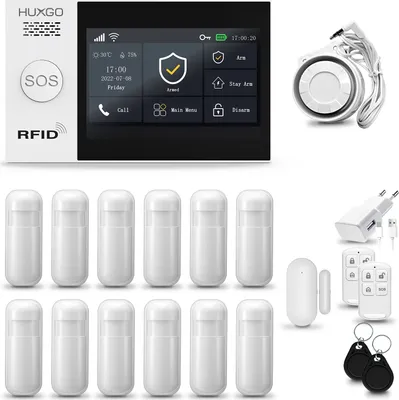 Image de Système d'alarme HUXGO HXA007 pour la maison, avec connexion WiFi et GSM, intégrant une sirène intérieure. Ce système d'alarme est équipé de 12 détecteurs de mouvement et d'un détecteur de porte/fenêtre, et est contrôlable via l'application Tuya Smartlife