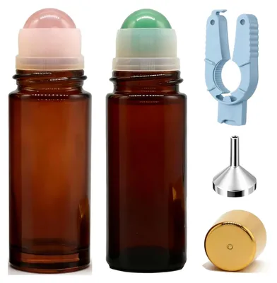 Produktbild von Roll-On Fläschchen braunes Glas, 2x 50ml, mit Rosenquarz- und Jade-Roller, für ätherische Öle