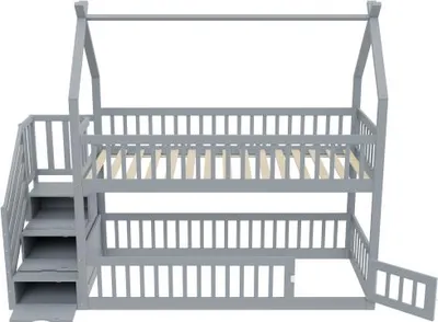 Produktbild von Ohne Matratze Grau Kinder Etagenbett 90x200cm Massivholz Mit Dach Sicherheitstreppe 2 Stauraumschubladen