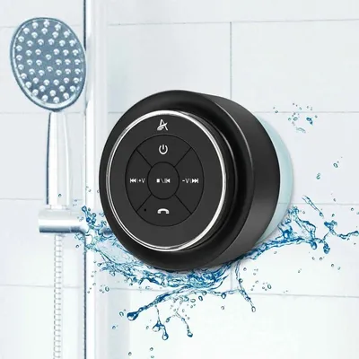 Produktbild von Kabelloser Duschlautsprecher – Tragbarer Bluetooth-Lautsprecher – Musikwiedergabe – IPX7 wasserdicht – 12 Stunden Akkulaufzeit – Silber