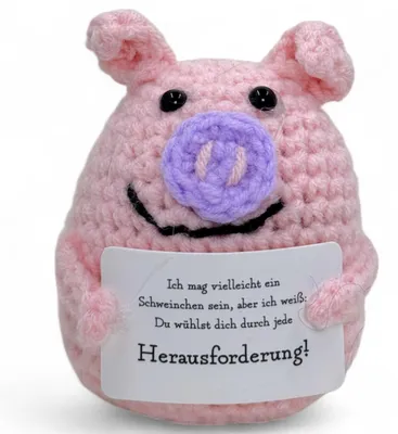 Productafbeelding van Häkelfigur Schwein - Handgefertigte Glücksbringer mit motivierender Botschaft - Wegbegleiter und Mutmacher
