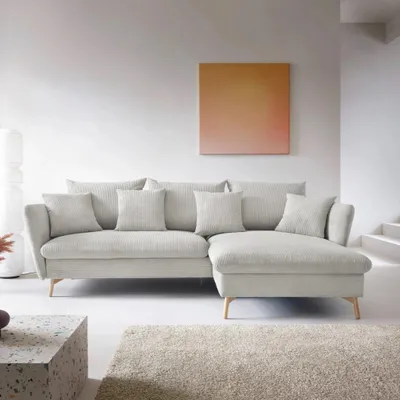 Produktbild von Ecksofa MORRE Poso 100 Creme Sahne Cord Breitcord Schlafsofa Bettkasten Holzfüße Rechts