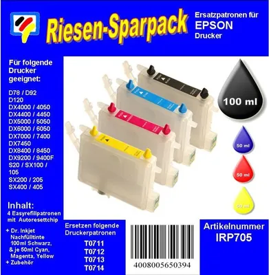 Produktbild von CISS / Easyrefill T0711-T0714 Multipack mit 4 Patronen und 250ml Dr.Inkjet Premium Nachfülltinte