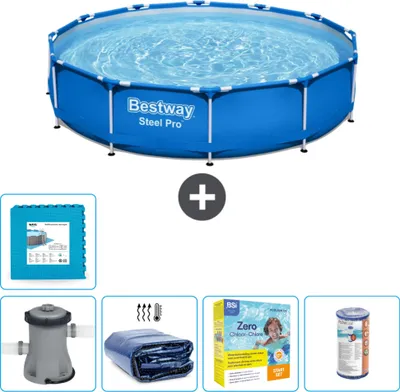 Produktbild von Bestway Round Steel Pro Swimmingpool – 366 x 76 cm – Blau – inklusive Pumpe Sonnensegel - Wartungspaket - Filter - Bodenfliesen