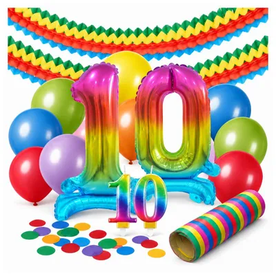 Produktbild von 10. Geburtstag Deko Set bunt mit Zahlenballons, Zahlenkerzen und Girlanden