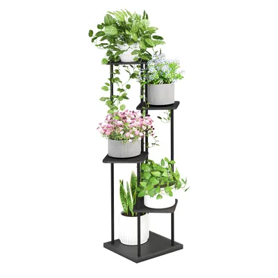 Produktbild von Ribelli Pflanzentreppe 5 Etagen Pflanzenständer, Blumenständer 106cm Höhe Blumenregal aus Holz und Metall, Deko für Balkon Garten Wohnzimmer, Schwarz
