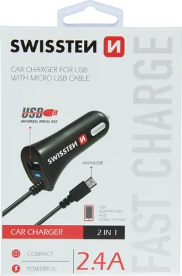 Zdjęcie produktu dla Zapalniczka samochodowa Swissten Micro-USB/USB uniwersalna czarna