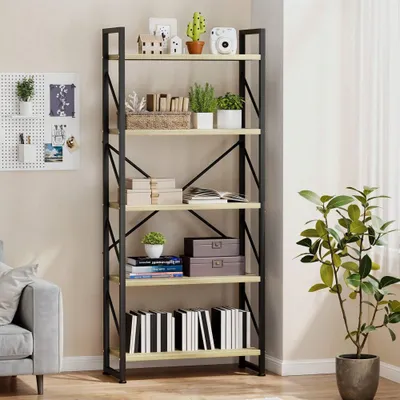 Produktbild von Bücherregal 5 Ebenen, Standregal Freistehend, Holzregal mit Stahlrahmen, 60x30x158cm, Natureichenfarben