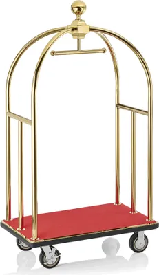 A gold luggage cart with a red carpeted base, shown against a white background.