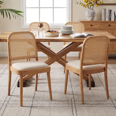 Produktbild von Flieks Esszimmerstühle 4er Set aus Massivholz mit Rattan-Rückenlehnen, Leinen, für Esszimmer, Wohnzimmer, Küchenstühle, Polsterstühle, Holzfarbe