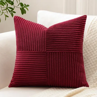 Produktbild von 1 Kissenbezug aus Cord, Kreuzstreifenmuster, Sofakissen aus Cord-Samt, Dekokissen, Patchwork-Design, dekorativer Kissenbezug für das Wohnzimmer (45x45cm, bordeauxrot)