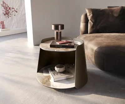 Produktbild von DELIFE Couchtisch Daban 59x59 cm Keramik Minas Melange Weiß-Beige Gestell Metall Titanfarbig
