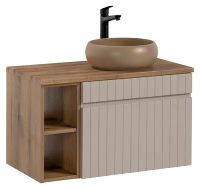 Produktbild von ICON Set: Waschtischunterschrank 60cm Kaschmir mit sichtbaren Nischen + Holzoptik-Arbeitsplatte + Aufsatzwaschbecken rund
