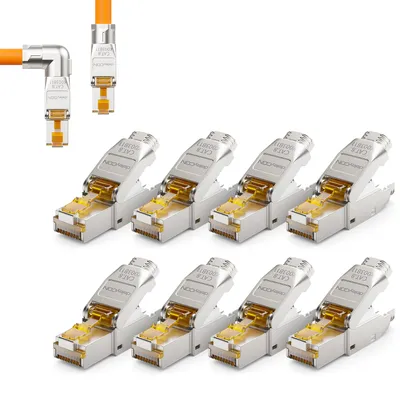 Produktbild von deleyCON 8x CAT 8 Netzwerkstecker 90° Winkel Stecker RJ45 Werkzeuglos Geschirmt 40Gbit/s Netzwerk Stecker für Rohkabel Verlegekabel Steckverbinder RJ45 Ethernet LAN DSL Patchkabel